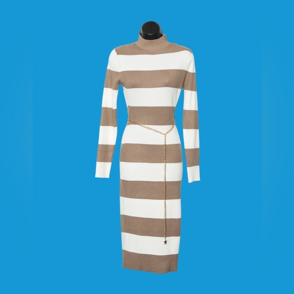 Almost Famous Tan and Cream Striped Long Sleeve Dress